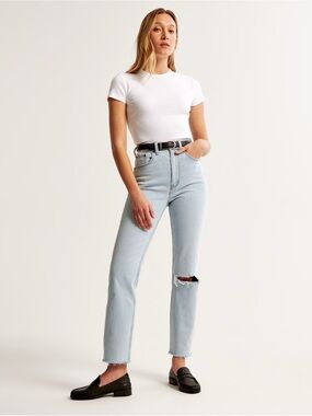 Abercrombie & Fitch Light Blue High-Rise Straight Leg Jeans with Knee Distress